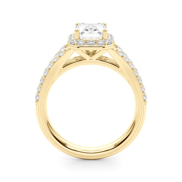 Split Shank Emerald Cut Halo Engagement Ring – Emerald Cut Emerald Engagement Ring in 18K Gold | Just Brilliant – angle view