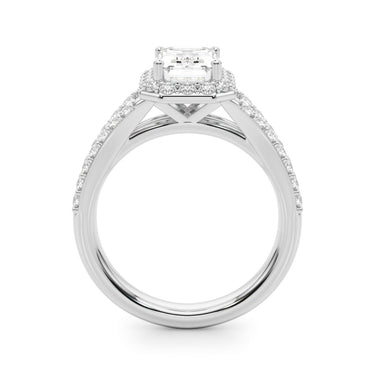 Split Shank Emerald Cut Halo Engagement Ring – Emerald Cut Emerald Engagement Ring in 18K Gold | Just Brilliant – detail view