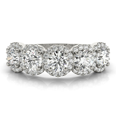 5-Stone Round Halo Wedding Bands – Round Lab Diamond Wedding Band in 18K Gold | Just Brilliant – close-up view