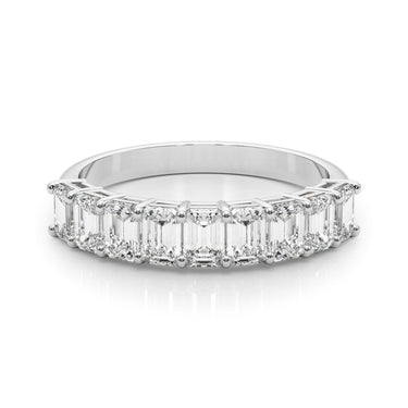 Emerald Cut Shared Prong Wedding Band – Emerald Cut Emerald Wedding Band in 18K Gold | Just Brilliant – close-up view