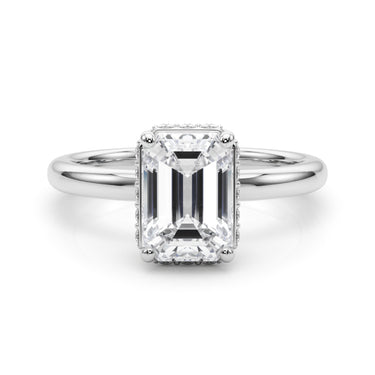 Double Hidden Halo Emerald Cut Engagement Ring – Emerald Cut Emerald Engagement Ring in 18K Gold | Just Brilliant – close-...