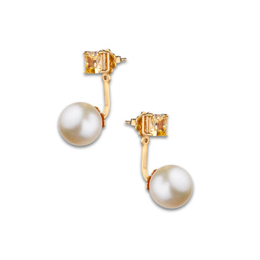 Aurelia Earrings by Just Brilliant – 3ct citrine and Akoya pearl drop earrings in 18K yellow gold – detail view