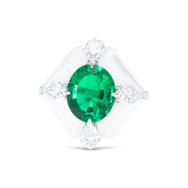 Zambian Essence Ring by Just Brilliant – 4.05ct lab-created Zambian emerald ring in 18K white gold – detail view