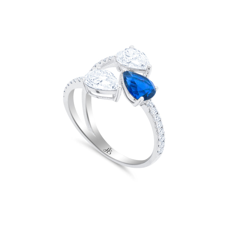 Winning Blues Ring by Just Brilliant – pear sapphire and lab diamond ring in 18K white gold
