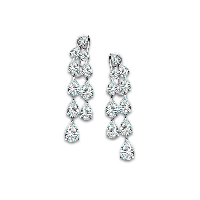 Diamond Rain Earrings by Just Brilliant – 7ct cascading pear lab diamond drop earrings in 18K white gold