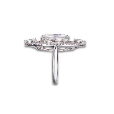 Heritage Ring by Just Brilliant – 5.8ct lab diamond marquise halo ring in 18K white gold – close-up view
