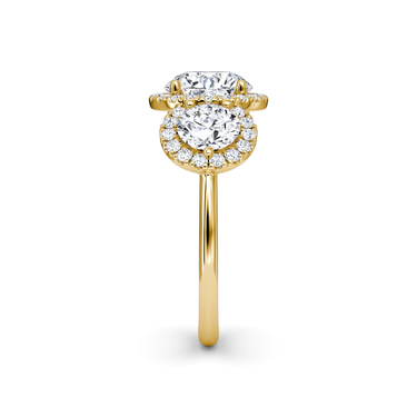 Just Brilliant three stone halo ring, 18K Yellow Gold, side view