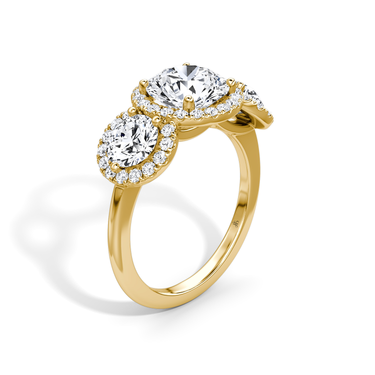 Just Brilliant three stone halo ring, 18K Yellow Gold, upright view