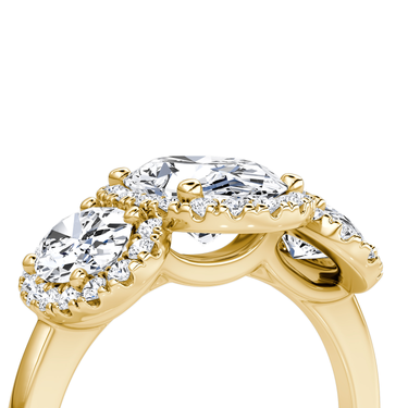 Just Brilliant three stone halo ring, 18K Yellow Gold, detail view