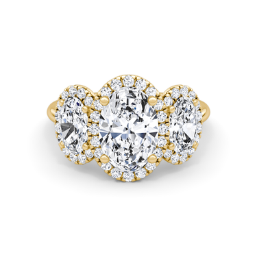 Just Brilliant three stone halo ring, 18K Yellow Gold, front view