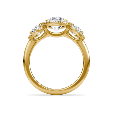 Just Brilliant three stone halo ring, 18K Yellow Gold, profile view