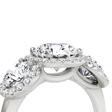 Just Brilliant three stone halo ring, 18K White Gold, detail view