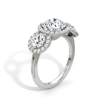 Just Brilliant three stone halo ring, 18K White Gold, upright view