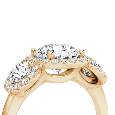 Just Brilliant three stone halo ring, 18K Rose Gold, detail view