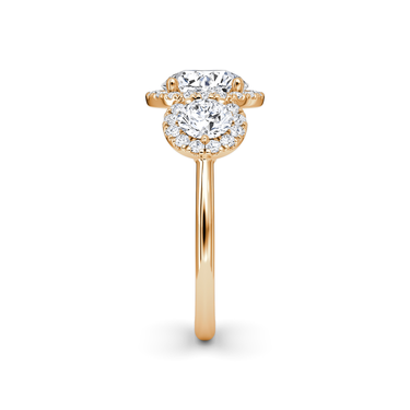 Just Brilliant three stone halo ring, 18K Rose Gold, side view