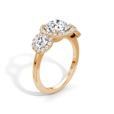 Just Brilliant three stone halo ring, 18K Rose Gold, upright view