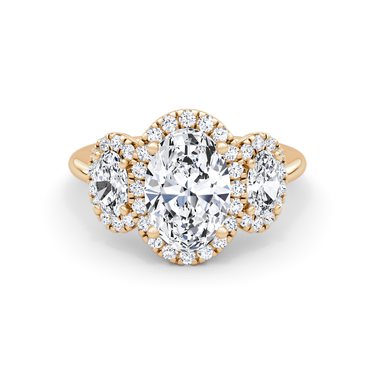 Just Brilliant three stone halo ring, 18K Rose Gold, front view
