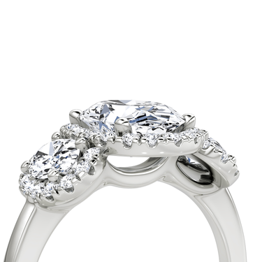 Just Brilliant three stone halo ring, 18K White Gold, detail view