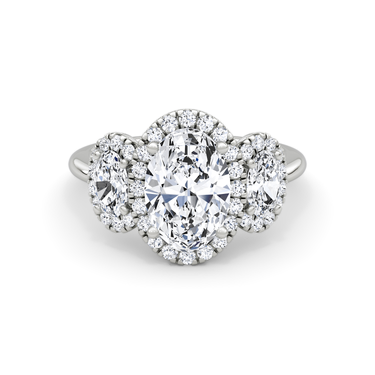 Just Brilliant three stone halo ring, 18K White Gold, front view