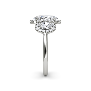 Just Brilliant three stone halo ring, 18K White Gold, side view