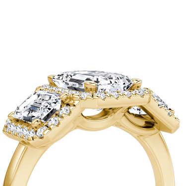 Just Brilliant three stone halo ring, 18K Yellow Gold, detail view