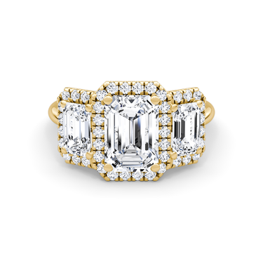 Just Brilliant three stone halo ring, 18K Yellow Gold, front view