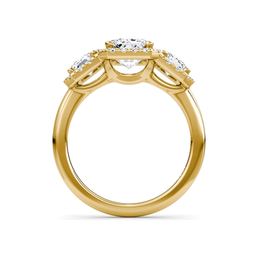 Just Brilliant three stone halo ring, 18K Yellow Gold, profile view