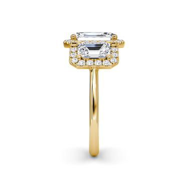 Just Brilliant three stone halo ring, 18K Yellow Gold, side view