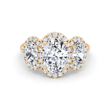 Just Brilliant three stone halo ring, 18K Rose Gold, front view