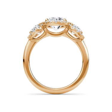 Just Brilliant three stone halo ring, 18K Rose Gold, profile view