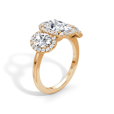 Just Brilliant three stone halo ring, 18K Rose Gold, upright view