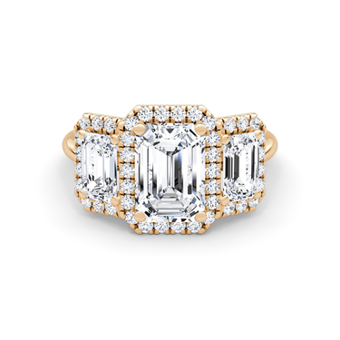 Just Brilliant three stone halo ring, 18K Rose Gold, front view