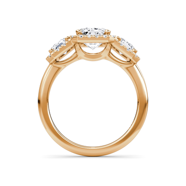Just Brilliant three stone halo ring, 18K Rose Gold, profile view