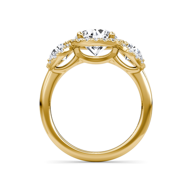 Just Brilliant three stone halo ring, 18K Yellow Gold, profile view