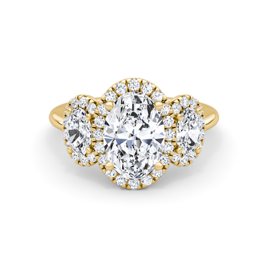 Just Brilliant three stone halo ring, 18K Yellow Gold, front view