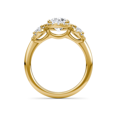Just Brilliant three stone halo ring, 18K Yellow Gold, profile view