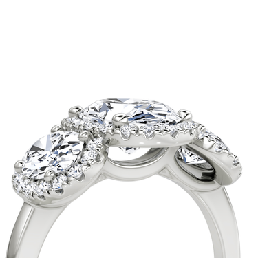 Just Brilliant three stone halo ring, 18K White Gold, detail view