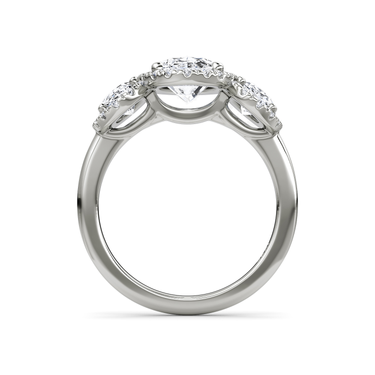 Just Brilliant three stone halo ring, 18K White Gold, profile view