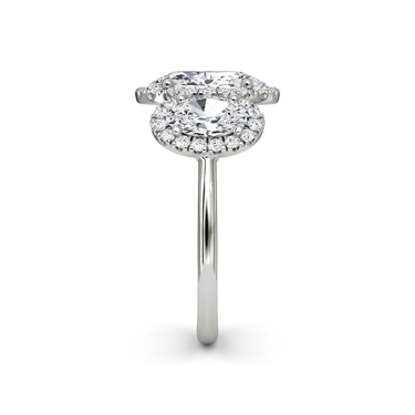 Just Brilliant three stone halo ring, 18K White Gold, side view