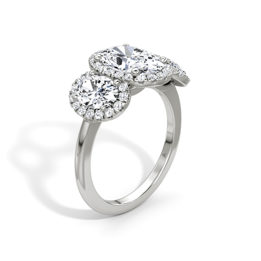 Just Brilliant three stone halo ring, 18K White Gold, upright view