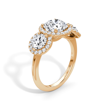 Just Brilliant three stone halo ring, 18K Rose Gold, upright view