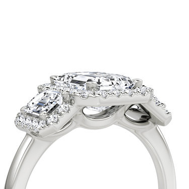 Just Brilliant three stone halo ring, 18K White Gold, detail view