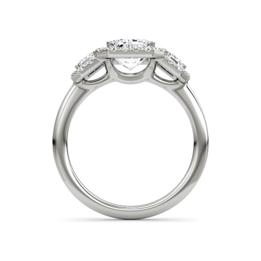 Just Brilliant three stone halo ring, 18K White Gold, profile view