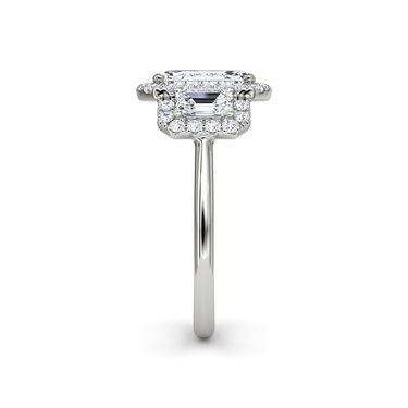 Just Brilliant three stone halo ring, 18K White Gold, side view