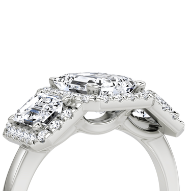 Just Brilliant three stone halo ring, 18K White Gold, detail view
