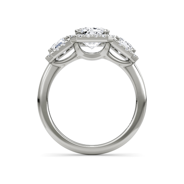 Just Brilliant three stone halo ring, 18K White Gold, profile view