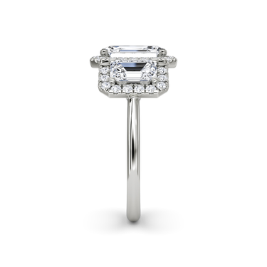 Just Brilliant three stone halo ring, 18K White Gold, side view