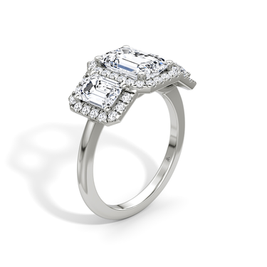 Just Brilliant three stone halo ring, 18K White Gold, upright view