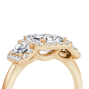 Just Brilliant three stone halo ring, 18K Rose Gold, detail view