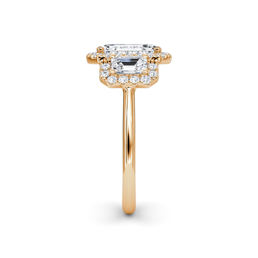 Just Brilliant three stone halo ring, 18K Rose Gold, side view